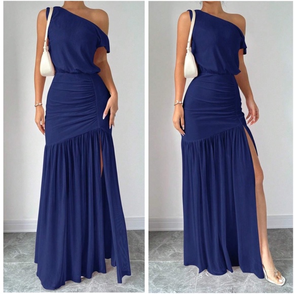 Luxe One Shoulder Ruched Stretchy Waist Split Thigh Dress - Picture 1 of 5
